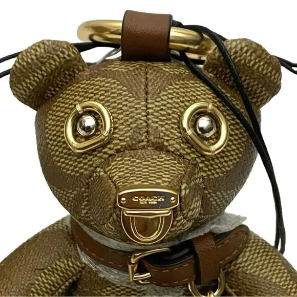 Coach Authentic Bear Bag Charm in Signature Canvas Leather - Gold/Khaki New - Picture 4 of 4